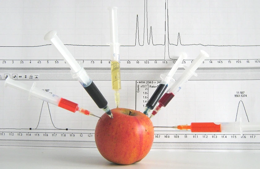 Ein Apfel, von vielen Spritzen gestochen