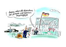 Karikatur: Die Kanzlerin Merkel hat keine Zeit, Steuern von Reichen entgegenzunehmen