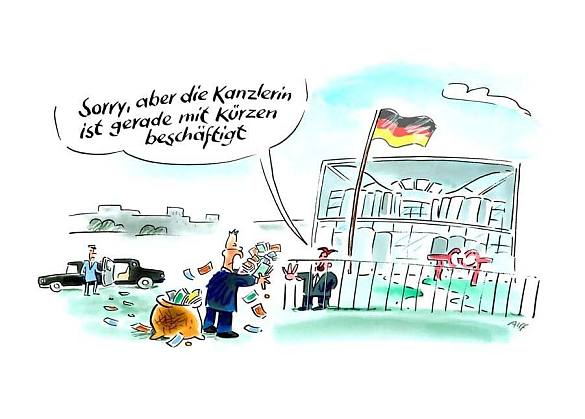 Karikatur eines reichen Steuerzahlers, der am Bundeskanzleramt abgewiesen wird
