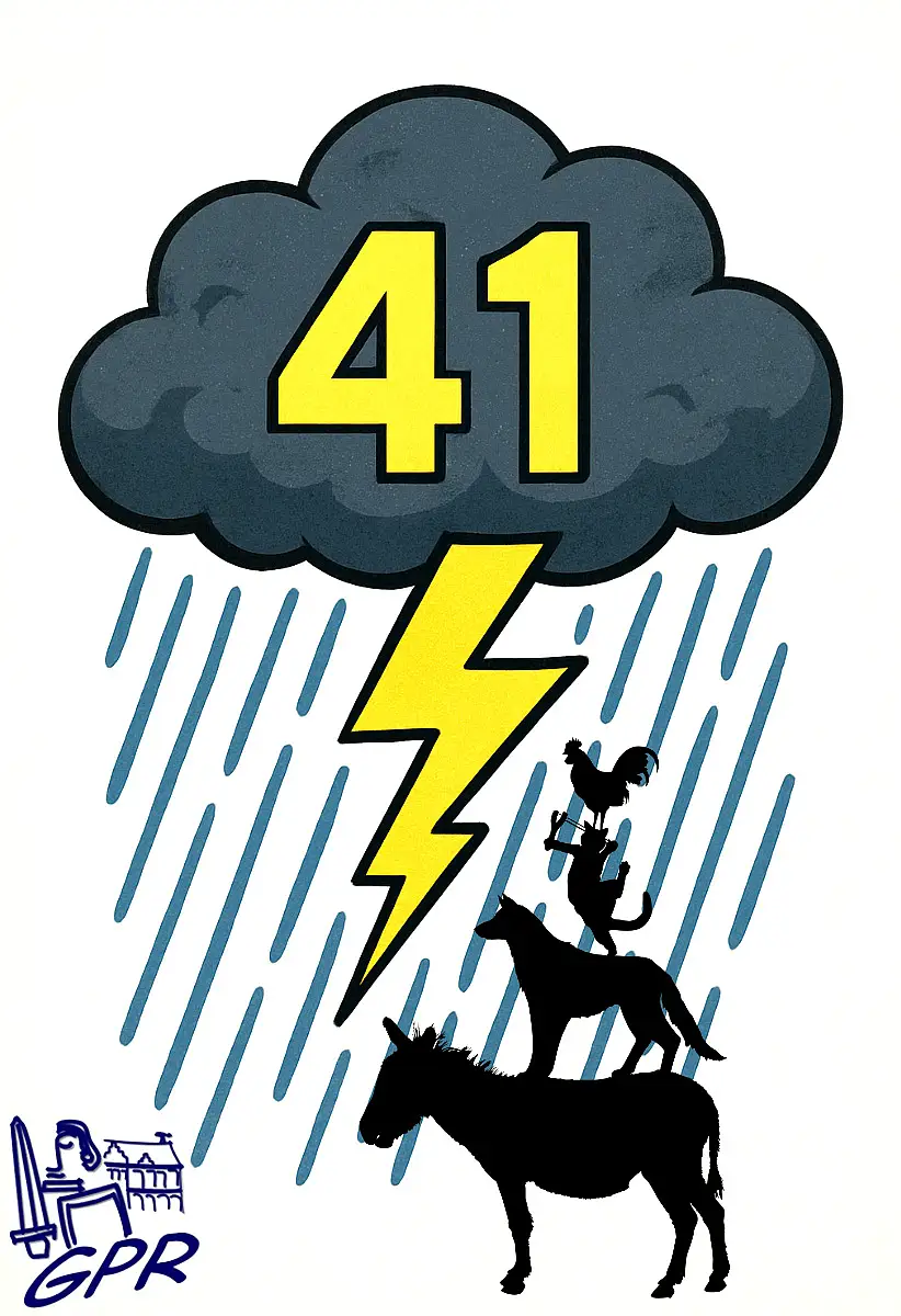 Die Bremer Stadtmusikanten unter einer dunklen Wolke mit Regen und Blitz. Auf der Wolke steht die Zahl 41.