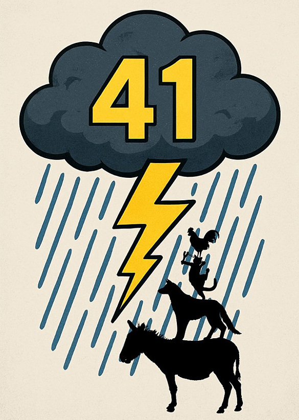 Die Bremer Stadtmusikanten unter einer dunklen Wolke mit Regen und Blitz. Auf der Wolke steht die Zahl 41. Die Bremer Stadtmusikanten unter einer dunklen Wolke mit Regen und Blitz. Auf der Wolke steht die Zahl 41.