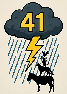 Die Bremer Stadtmusikanten unter einer dunklen Wolke mit Regen und Blitz. Auf der Wolke steht die Zahl 41.