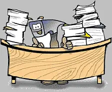 Comic Figur am vollen Schreibtisch