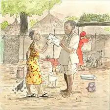 Ein Mädchen zeigt einem Jungen ihre ersten Schreibversuche