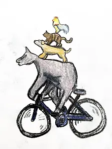 Zeichnung der vier Bremer Stadtmusikanten übereinander auf einem Fahrrad