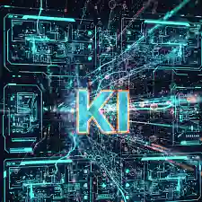 Abstrakte Darstellung eines Geflechts aus Schaltkreisen und neuronalen Netzen. Darüber steht in leuchtenden Buchstaben KI