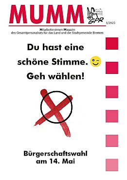 Titelseite der MUMM 1/2023 - Du hast eine schöne Stimme. Gehwählen! Bild zeigt ein Kreuz wie auf einem Stimmzettel