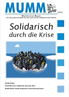 Titelseite der MUMM 2/2022 - Solidarisch durch die Krise. Ein Bild von Pinguinen auf einer Eisscholle