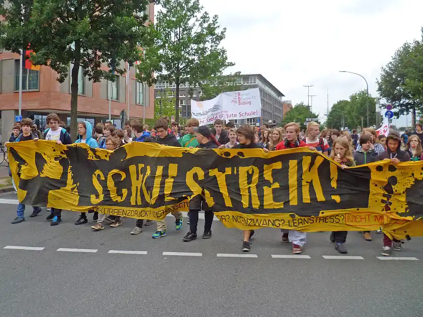 Viele SchülerInnen mit Transparent bei einem Schulstreik