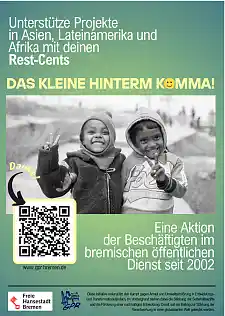 Plakat für die Rest-Cent-Spendenaktion; Hauptmotiv sind zwei kleine lächelnde Kinder, die das Peace-Zeichen in die Kamera halten.