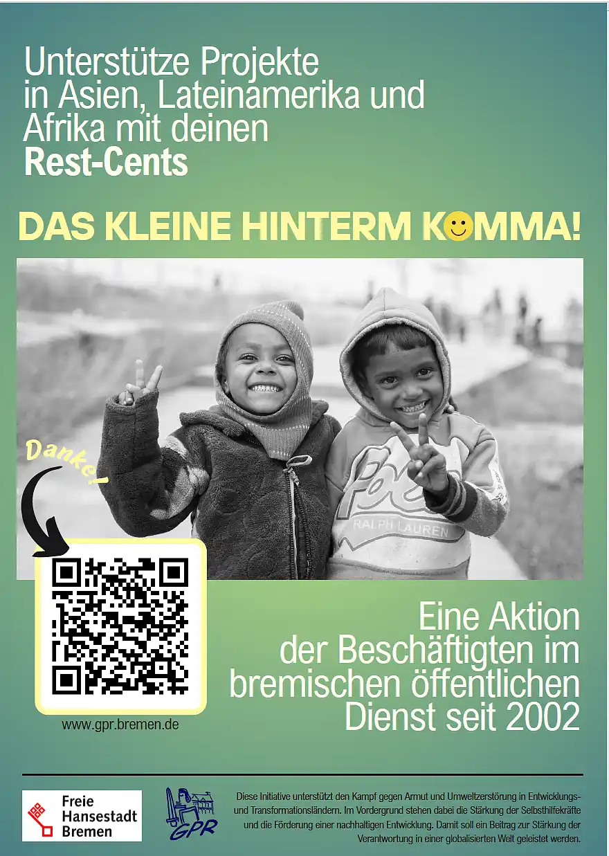 Plakat für die Rest-Cent-Spendenaktion; Hauptmotiv sind zwei kleine lächelnde Kinder, die das Peace-Zeichen in die Kamera halten.