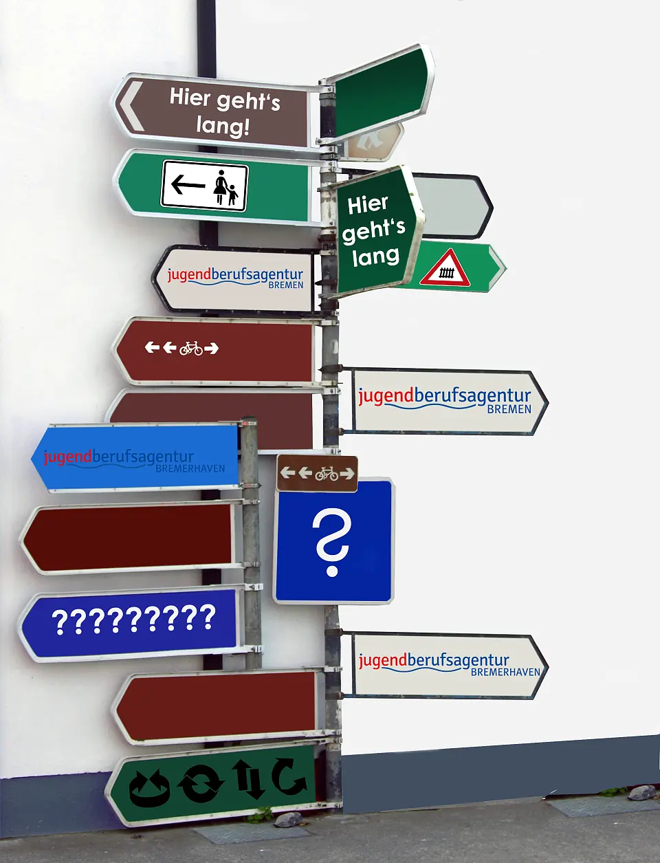 Viele Wegweiser an einer Stange zeigen in verschiedene Richtungen