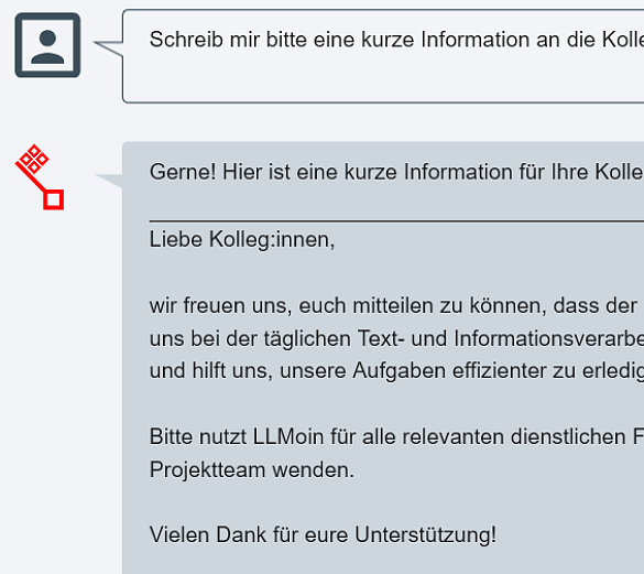 Ein Screenshot, der einen Ausschnitt aus einer Konversation mit LLMoin zeigt.