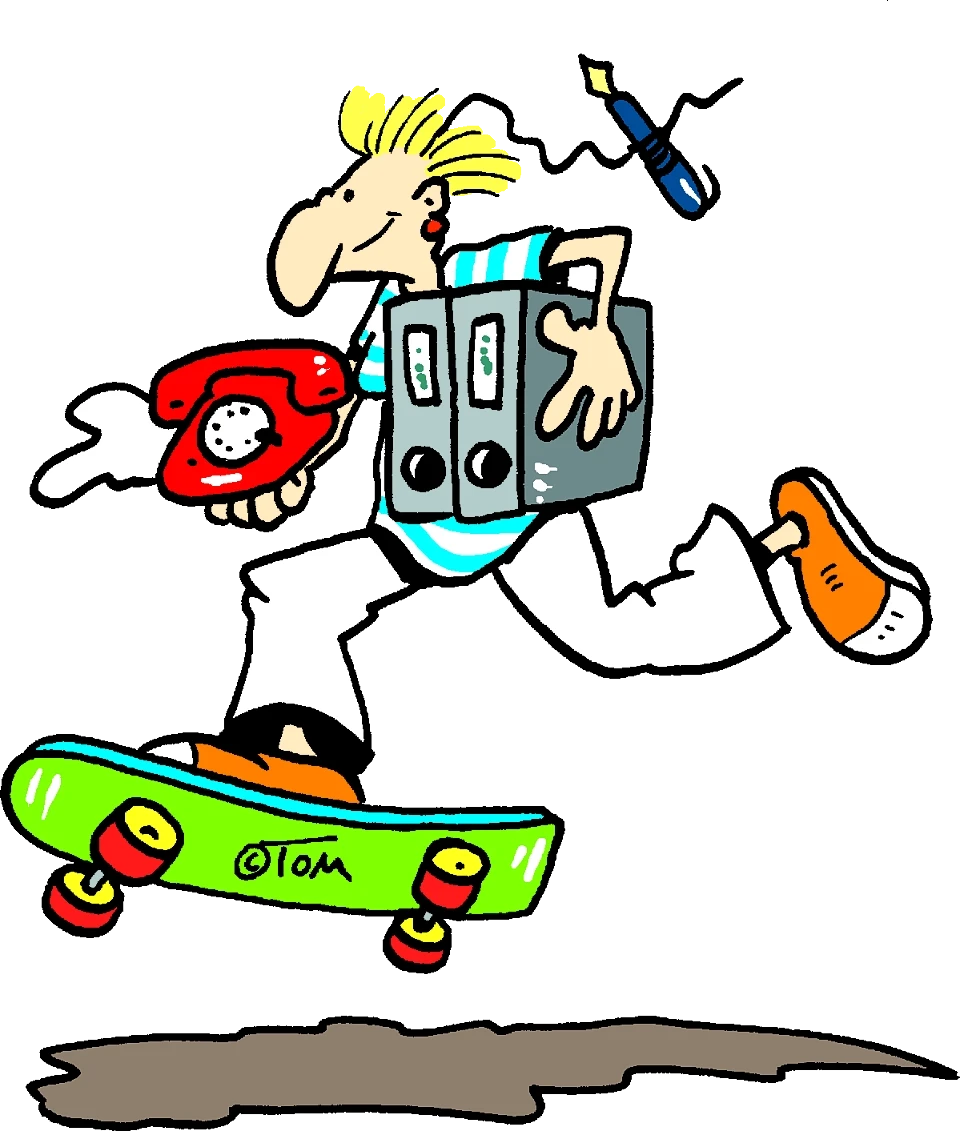 TOM-Grafik: Skateboarder mit Akten, Telefon, Kugelschreiber 
