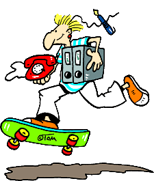 TOM-Grafik: Skateboarder mit Akten, Telefon, Kugelschreiber 
