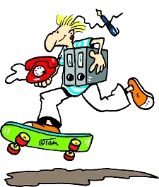 TOM-Grafik: Skateboarder mit Akten, Telefon, Kugelschreiber 