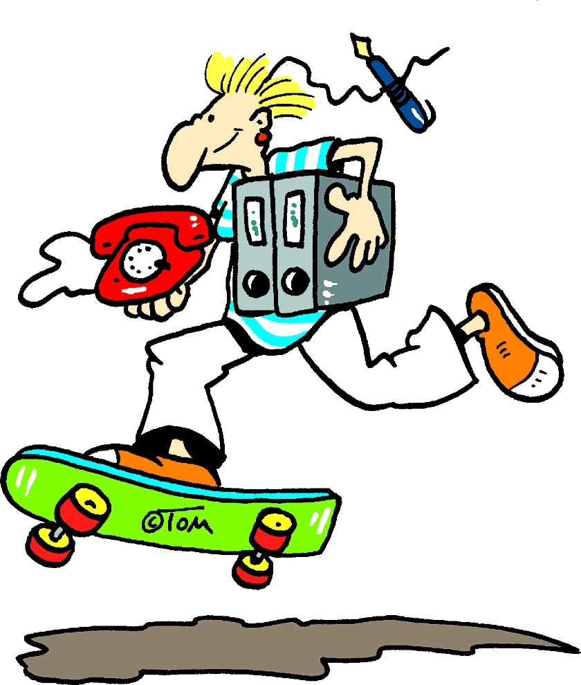 TOM-Grafik: Skateboarder mit Akten, Telefon, Kugelschreiber 