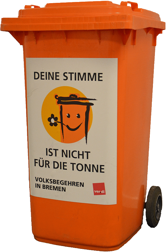 Orangefarbene Mülltonne mit dem Aufkleber Deine Stimme ist nicht für die Tonne