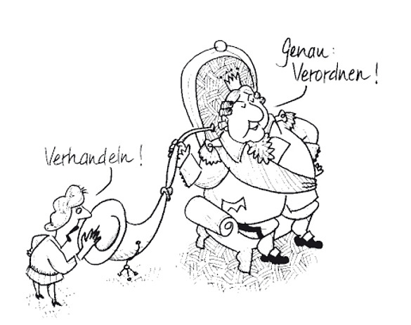 Zeichnung: Jemand spricht ins Hörrohr: Verhandeln!