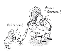 Zeichnung: Jemand spricht ins Hörrohr: Verhandeln!