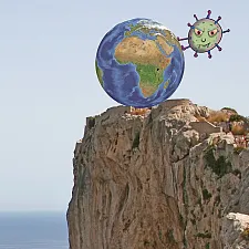 zusammengesetzte Zeichnungen aus Bergwand, Coronavirus und Weltkugel