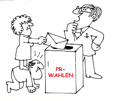 Zeichnung einer Wahlurne mit Wähler