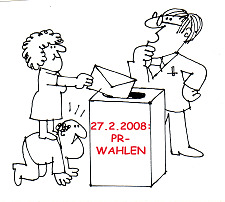Zeichnung von Wählern, die einen Wahlumschlag in die Wahlurne legen