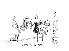 Karikatur über das Geben und Nehmen bei Arbeitnehmern und Wirtschaft