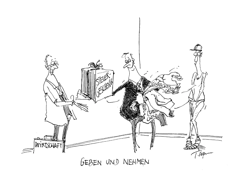 Karikatur über das Geben und Nehmen bei Arbeitnehmern und Wirtschaft