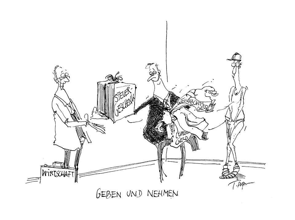 Karikatur über das Geben und Nehmen bei Arbeitnehmern und Wirtschaft