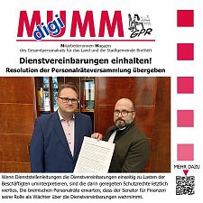 digiMUMM sharepic - Lars Hartwig übergibt die Resolution an Senator Björn Fecker