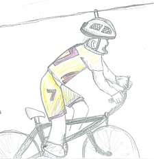 gezeichnetes Fahrrad mit sportlichem Fahrer, Helm hängt an der Oberleitung