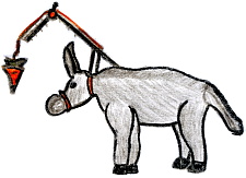 Ein gemalter Esel, der einer am Kopf gefestigten Möhre hinterher läuft