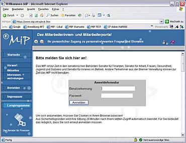 Screenshot des Anmeldebildschirmes MiP