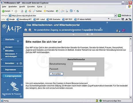 Screenshot des Anmeldebildschirmes MiP
