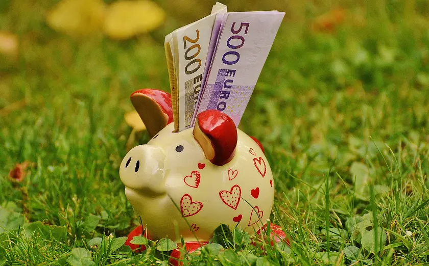 Ein Sparschwein, in dem einige Euro-Scheine stecken