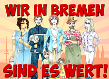 Postkarte mit Menschen in Berufskleidung mit dem Schriftzug Wir in Bremen sind es wert!