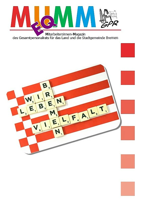 Titelseite der EQ-MUMM. Scrabble-Buchstaben bilden den Satz: Wir leben Vielefalt - Bremen.