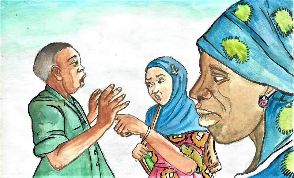 Eine Frau und ein Mann streiten. Im Vordergrund ist eine weitere Frau, die das beobachtet.