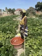 Eine Frau steht in einem üppigen Gemüsebeet und lässt mit einem Schlauch Wasser in einen Behälter fließen