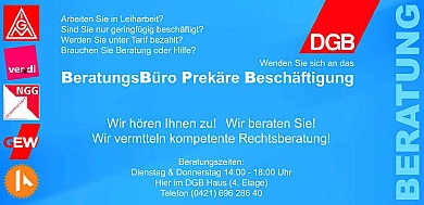 HInweis auf Beratungsbüro prekäre Beschäftigung DGB