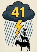 Die Bremer Stadtmusikanten unter einer dunklen Wolke mit Regen und Blitz. Auf der Wolke steht die Zahl 41.